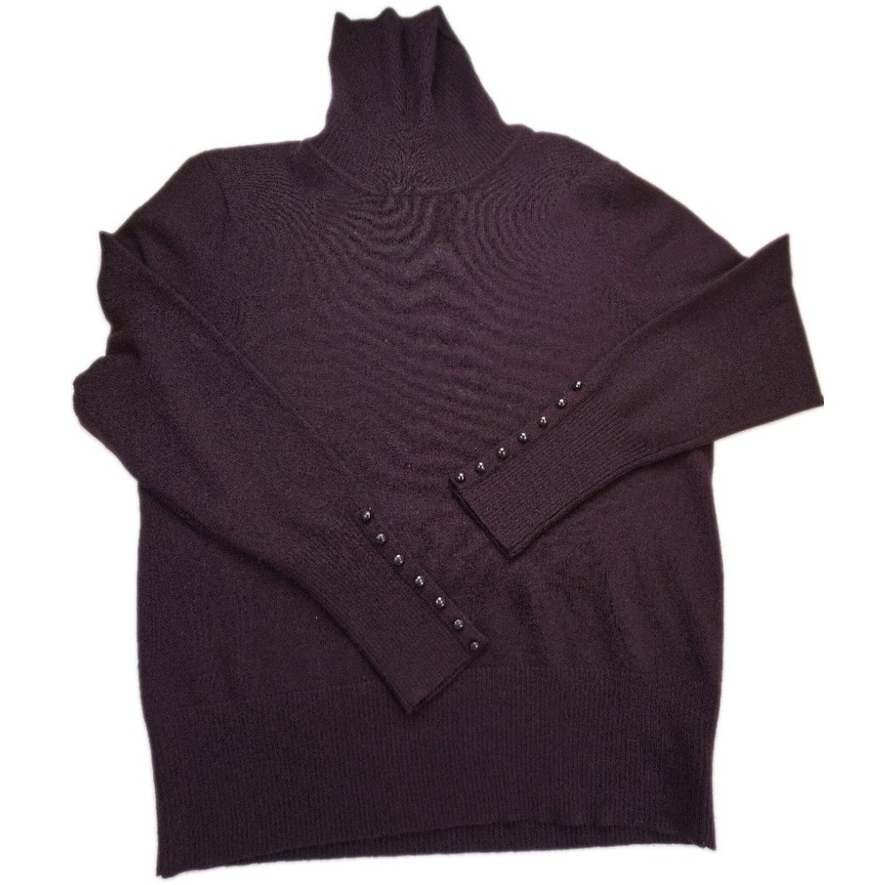 Kenar Women's XL Turtleneck Sweater 100% Merino Wool Burgundy Button Cuff